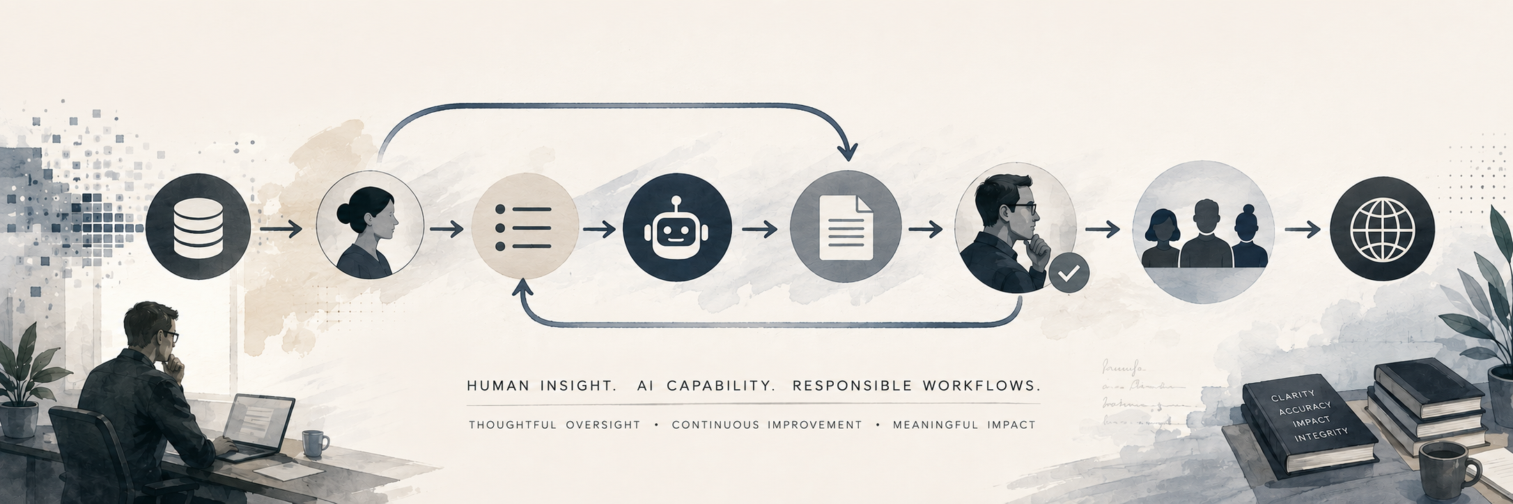 An illustrated human-AI workflow moving from data and human judgment through prompting, AI assistance, review, collaboration, and publication